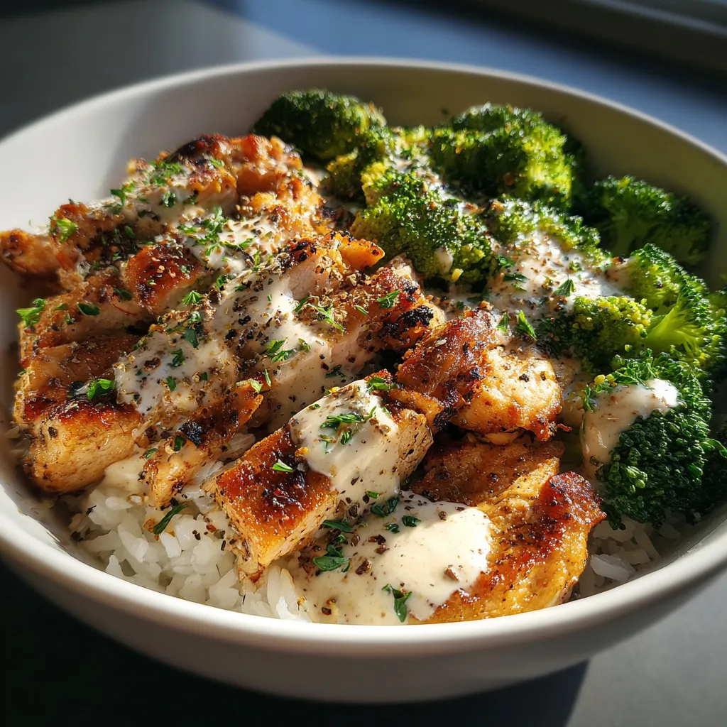 Creamy Garlic Herb Chicken Bowl with Steamed Broccoli and Fluffy White Rice